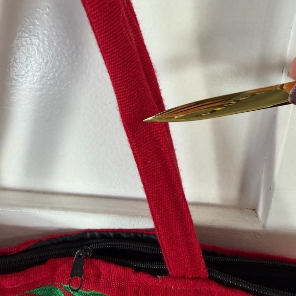 Red Embroidered Cat Floral Tote Bag Zipper Top Art Day of the Dead Inspired - Picture 5 of 14